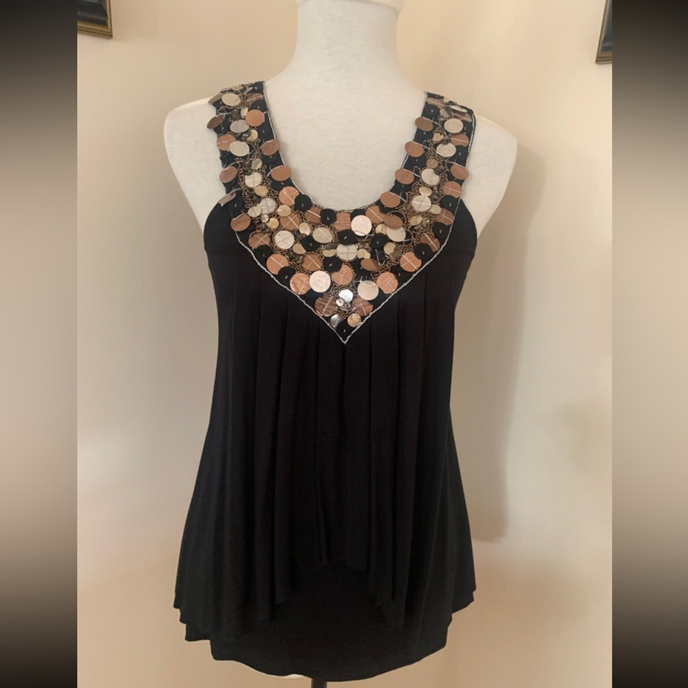 Akiko Womens Juniors Black Copper Silver Sequins Beaded Blouse Tank Top Size XS